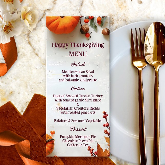 Menú Rústica calabaza Día de Acción de Gracias Cena Caí (Thanksgiving dinner menu featuring a rustic whimsical design with colorful fall leaves and pumpkins)