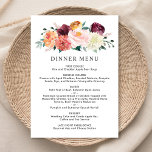 Menú Rústica cena Boda floral en Rubor Fall<br><div class="desc">El diseño de la carta de la cena boda presenta una redacción elegante que puede ser completamente personalizada, acentuada por un diseño rústico de color de agua floral de verano y otoño con hermosos rosas, dahlias, flores de peonía y vegetación, en una espléndida paleta otoñal de rojo burdeos, amarillo dorado,...</div>