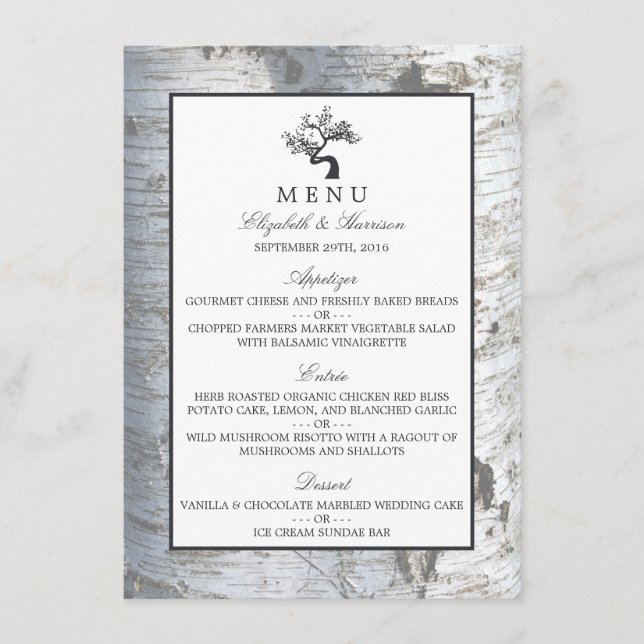 Menú Rústico Boda de árbol de birch plateado (Anverso)