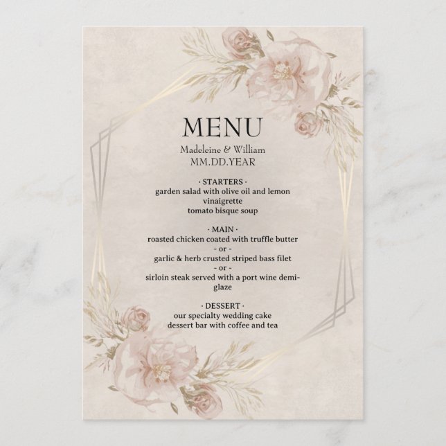 Menú Rústico Boda de Rosas Rosa y Flores Silvestres (Anverso)