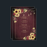 Menú Rústico Boda floral de girasol borgoña de madera<br><div class="desc">El marco de la recepción es perfecto, con un diseño de menú cálido y a la última (flores de girasol y acuarela de color burdeos), decorado con un fondo de madera de color burdeos, lámparas de cuerda dulce. Perfecto para bodas de otoño e invierno. Copyright Elegant Invita, todos los derechos...</div>