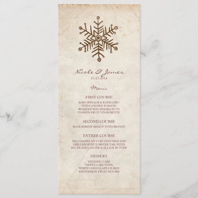 Menú Rústico de Boda de copos de nieve (Anverso)