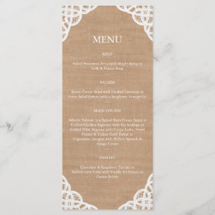 Menú rústico de la arpillera del cordón y del