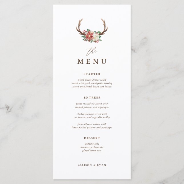 Menú rústico de mesa de bodas de invierno para la  (Anverso)