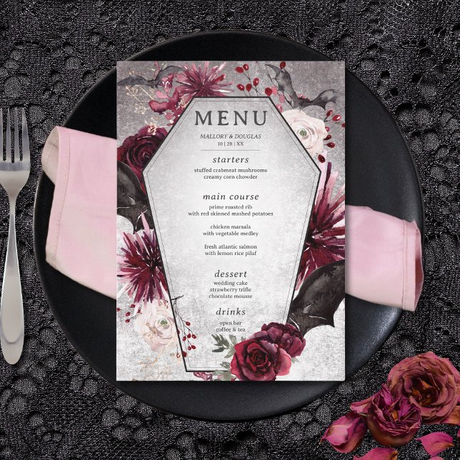 Menú Rústico Gótico Negro y Borgoña Boda de Halloween (Rustic Gothic Black & Burgundy Halloween Wedding Menu)