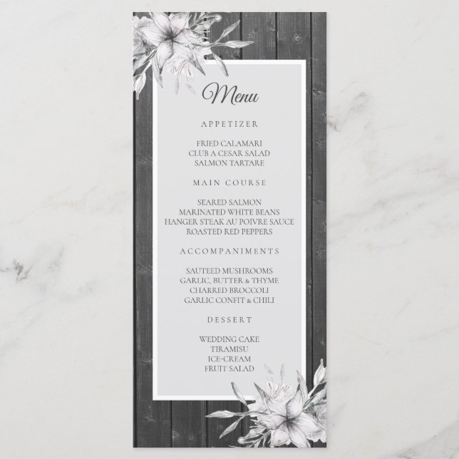 Menú Rústico gris. Granero de madera boda floral (Anverso)