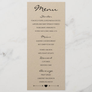 Menú rústico romántico Boda con corazón y flechas