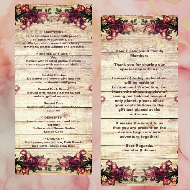 Menú Rústico Rosas de Woodland Boda de campo en Borgoña (Rustic Woodland Roses Burgundy Country Wedding Menu)