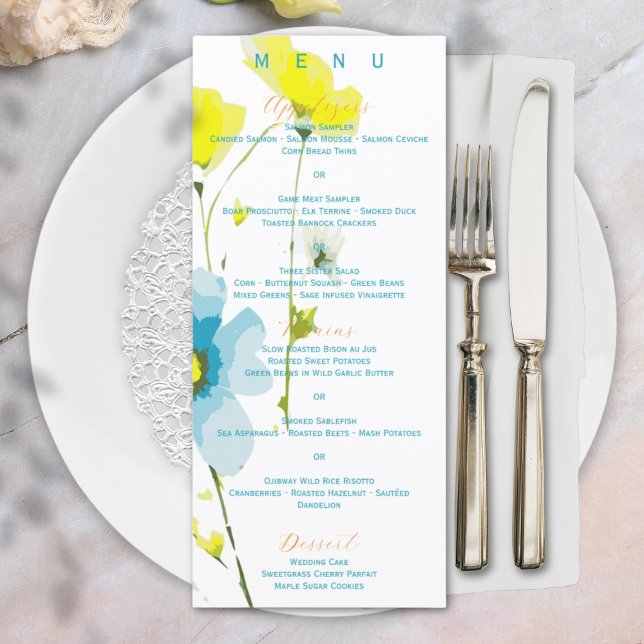 Menú Rústico Simple Azul Amarillo Poppies Acuarela (Subido por el creador)