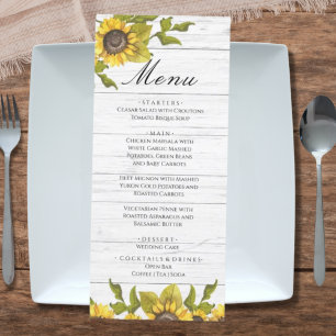 Menú Rústico Weathered White Wood Bride Groom Sunflower