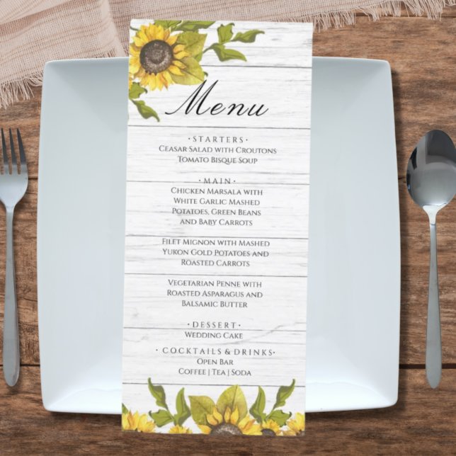 Menú Rústico Weathered White Wood Bride Groom Sunflower (Subido por el creador)