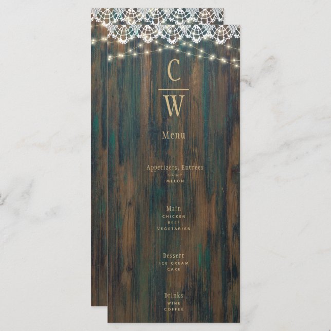 Menú Rústico Wood Lace Luces Gold Text Boda (Anverso / Reverso)