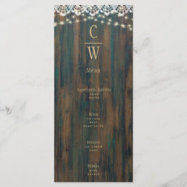 Menú Rústico Wood Lace Luces Gold Text Boda
