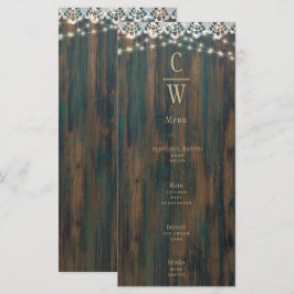 Menú Rústico Wood Lace Luces Gold Text Boda