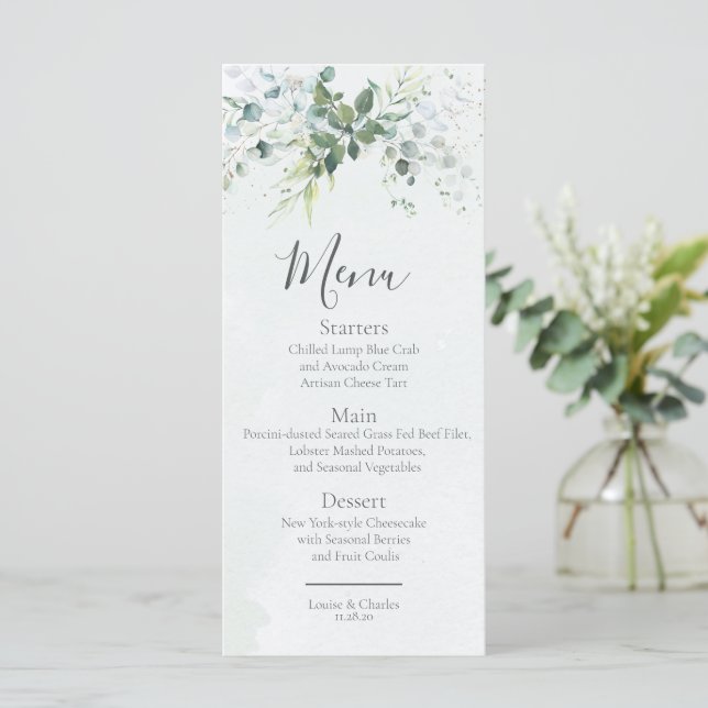 Menú Sage Eucalyptus Greenery Boda de Moda simple (Anverso de pie)