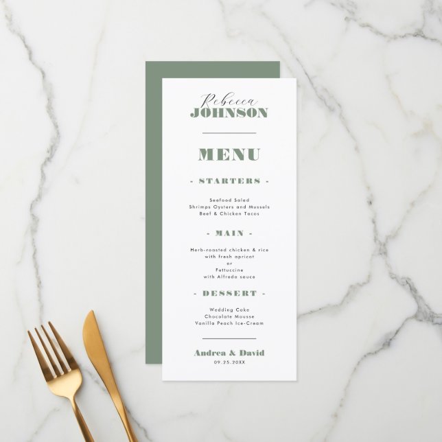 Menú Sage Green Bold Script Nombre de invitado Boda Cen (Anverso/Reverso In Situ)