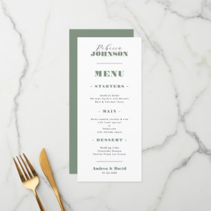 Menú Sage Green Bold Script Nombre de invitado Boda Cen