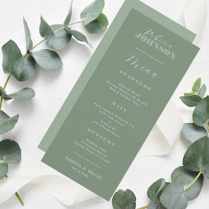 Menú Sage Green Calligraphy Guest Name Boda Cena