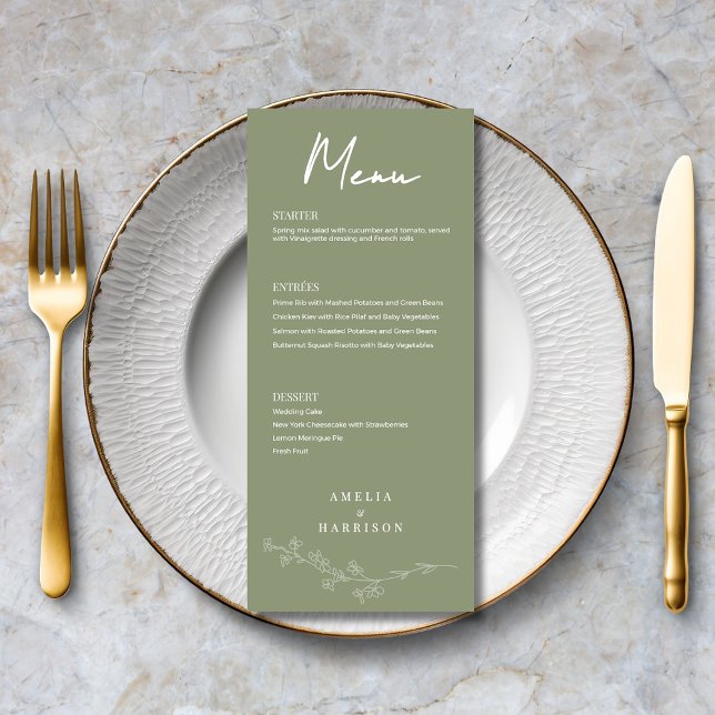 Menú Sage Green Floral Formal Elegante Boda (Sage Green Floral Formal Elegant Wedding Menu with Menu Options, Optional Text on Back.)