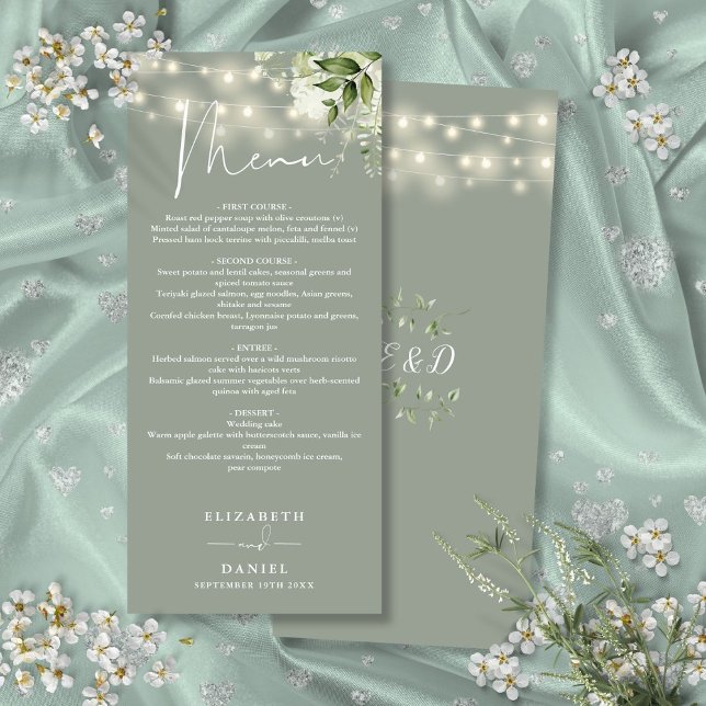 Menú Sage Green Floral String Luces Boda Cena (Sage Green Floral String Lights Wedding Dinner Menu)