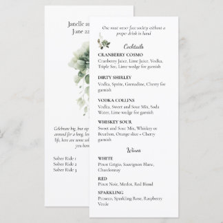 Menú Sage Green Floral Wedding Cocktail and Wine List |