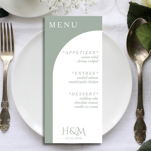 Menú Sage Green Geometric Arch Cena Recepción de Boda (sage green and white wedding menu)