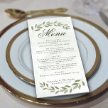 Menú Sage Green Laurel deja a un Boda de elegancia rúst<br><div class="desc">En esta bonita carta de boda se degusta un estilo rústico con fondo de mármol, un título de caligrafía de guión y brotes de hojas de color verde salado pintadas a mano en la parte superior e inferior. El texto es completamente personalizable con el espacio para el nombre de la...</div>