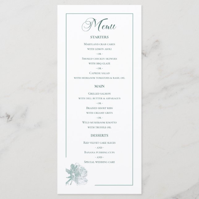 Menú Sage Green Line Art Rose Dinner Details Wedding (Anverso)