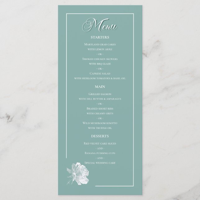 Menú Sage Green Line Art Rose Dinner Dishes Wedding (Anverso)