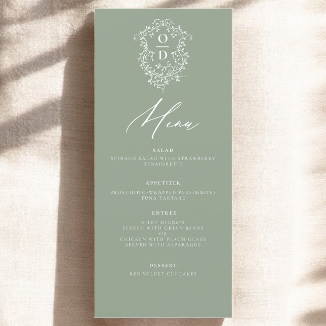 Menú Sage Green Monograma Elegante Recepción de Bodas (Subido por el creador)