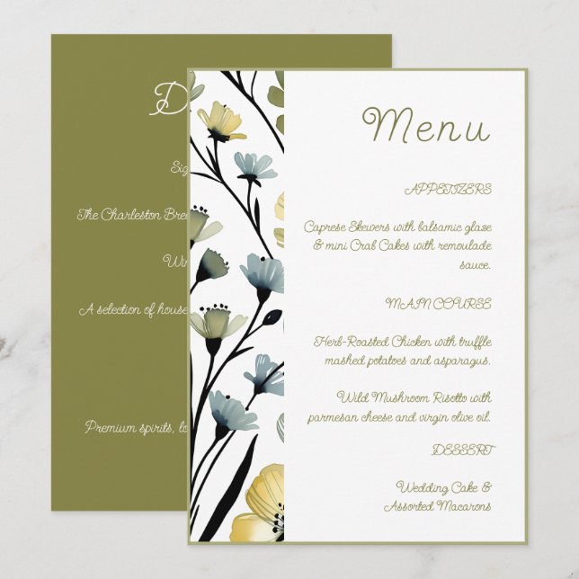 Menú Sage Green & Soft Yellow Botanical Wedding (Anverso / Reverso)