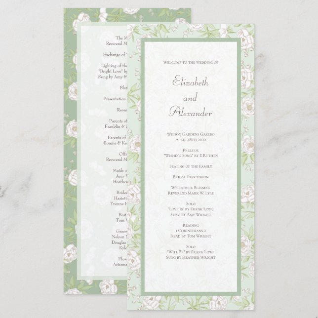 Menú Sage Green White Rose Wedding Programs (Anverso / Reverso)