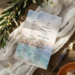 Menú Santorini Wedding Program Template | Mediterranean<br><div class="desc">Guide your guests through your special day with this elegant Santorini-inspired wedding program, featuring a romantic watercolor coastal design inspired by Mediterranean destinations. With soft ocean blues, warm sunset tones, and charming seaside architecture, this program adds a refined and cohesive touch to your ceremony. The clean layout ensures your ceremony...</div>