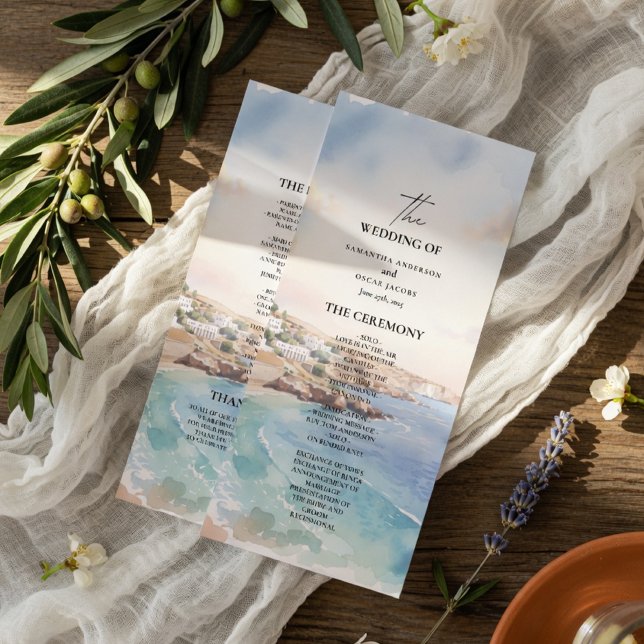 Menú Santorini Wedding Program Template | Mediterranean (Subido por el creador)