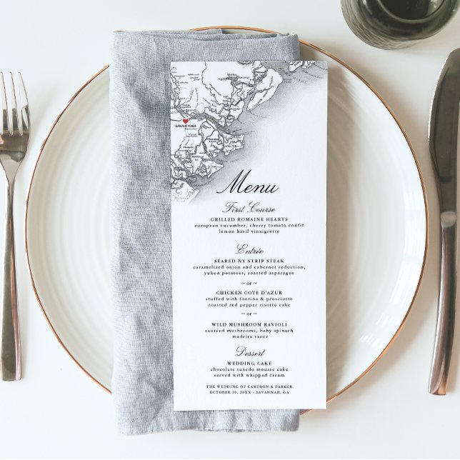 Menú Savannah GA Map Elegant Navy Black White Boda (Savannah GA Map Wedding Menu in Elegant Black and White from Coastal Map Designs)