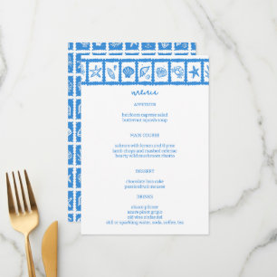 Menú Seashell Grid Beach Wedding Blue White PERSONALIZA