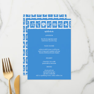 Menú Seashell Grid Beach Wedding Blue White PERSONALIZA