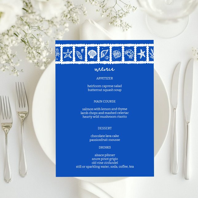 Menú Seashell Grid Beach Wedding Blue White PERSONALIZA (Seashell Grid Beach Wedding Blue White CUSTOM Menu
)