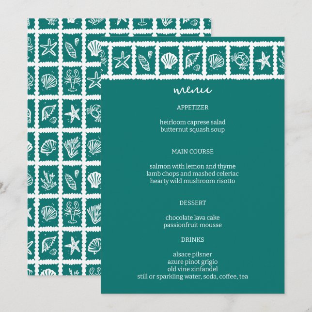 Menú Seashell Grid Beach Wedding Green White PERSONALIZ (Anverso / Reverso)