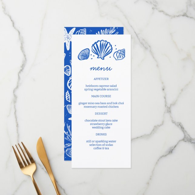 Menú Seashells Frame Beach Wedding PERSONALIZADO Fiesta (Anverso/Reverso In Situ)