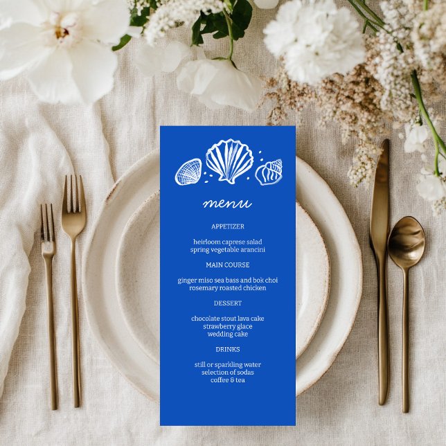Menú Seashells Frame Beach Wedding PERSONALIZADO Fiesta (Seashells Frame Beach Wedding CUSTOM Party Menu Blue White
)