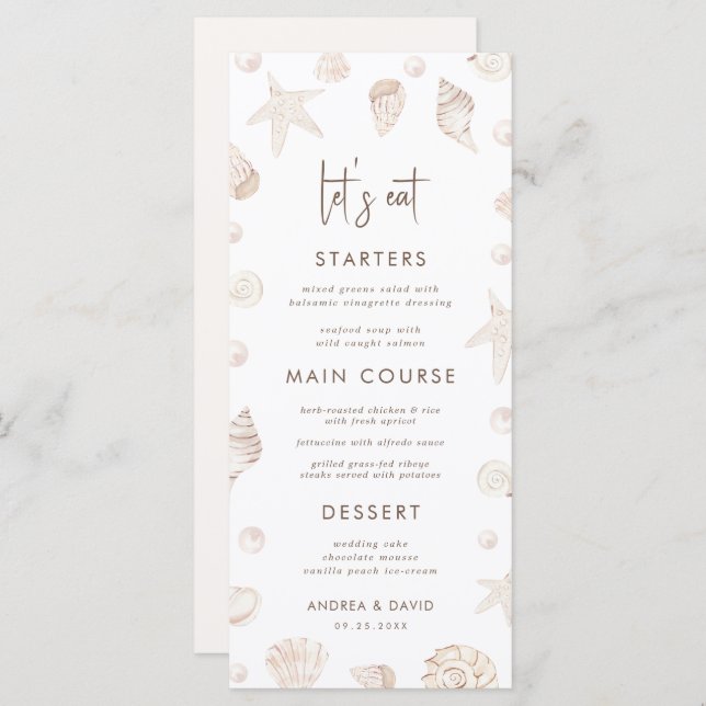 Menú Seashells & Pearls Coastal Beach Seafront Wedding  (Anverso / Reverso)