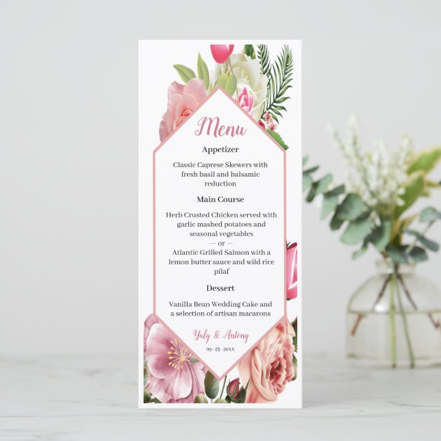 Menú Selección de comedor hexagonal Floral Pink Blossom (Anverso de pie)