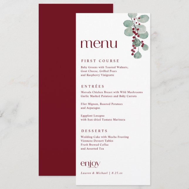 Menú Sencilla Elegante Boda de Invierno de Navidad en B (Anverso / Reverso)