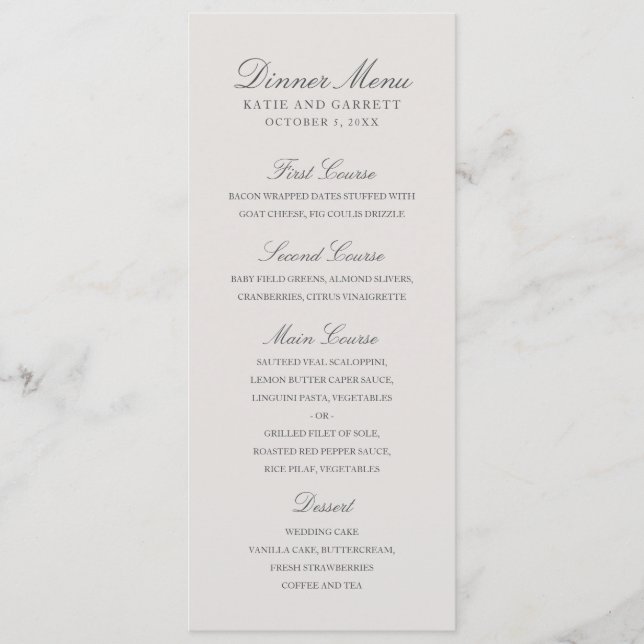 Menú Sencillo Color Sólido Elegante Boda Gris (Anverso)