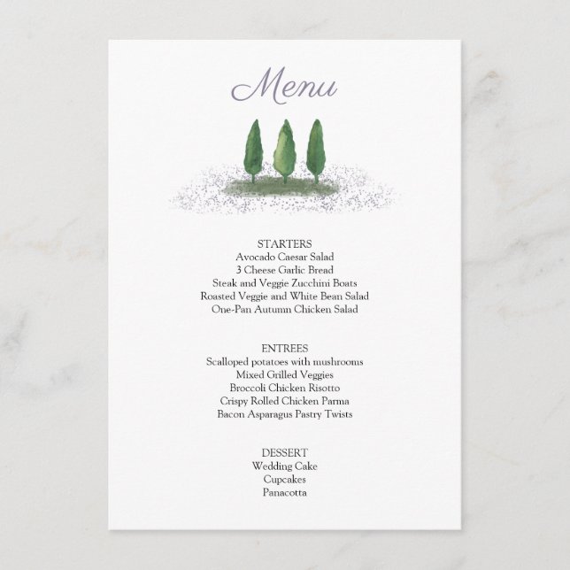 Menú Servicio de boda de lavanda de árbol forestal (Anverso)