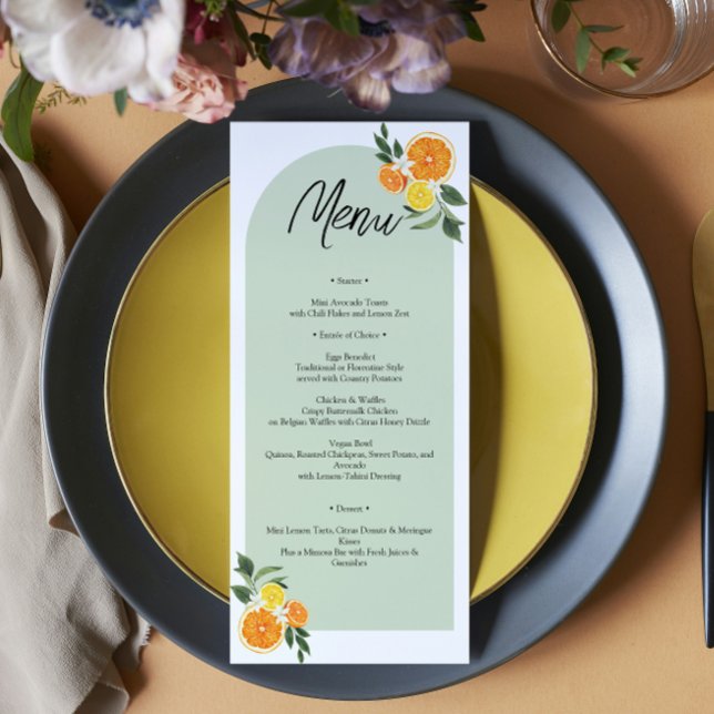 Menú She Found Her Main Bridal Shower Citrus Lemon  (watercolor lemons, soft greenery, and modern elegant typography summer bridal shower, garden brunch)