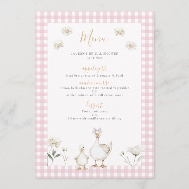 Menú Silly Goose Whimsical Pink Bow Baby Shower (Anverso)