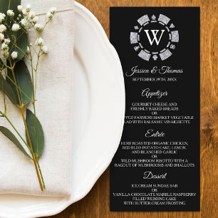 Menú Silver Glitter Monogram Poker Chip Casino Wedding