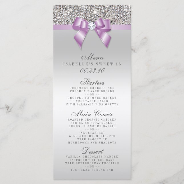 Menú Silver Sequin Lilac Bow Sweet 16 (Anverso)